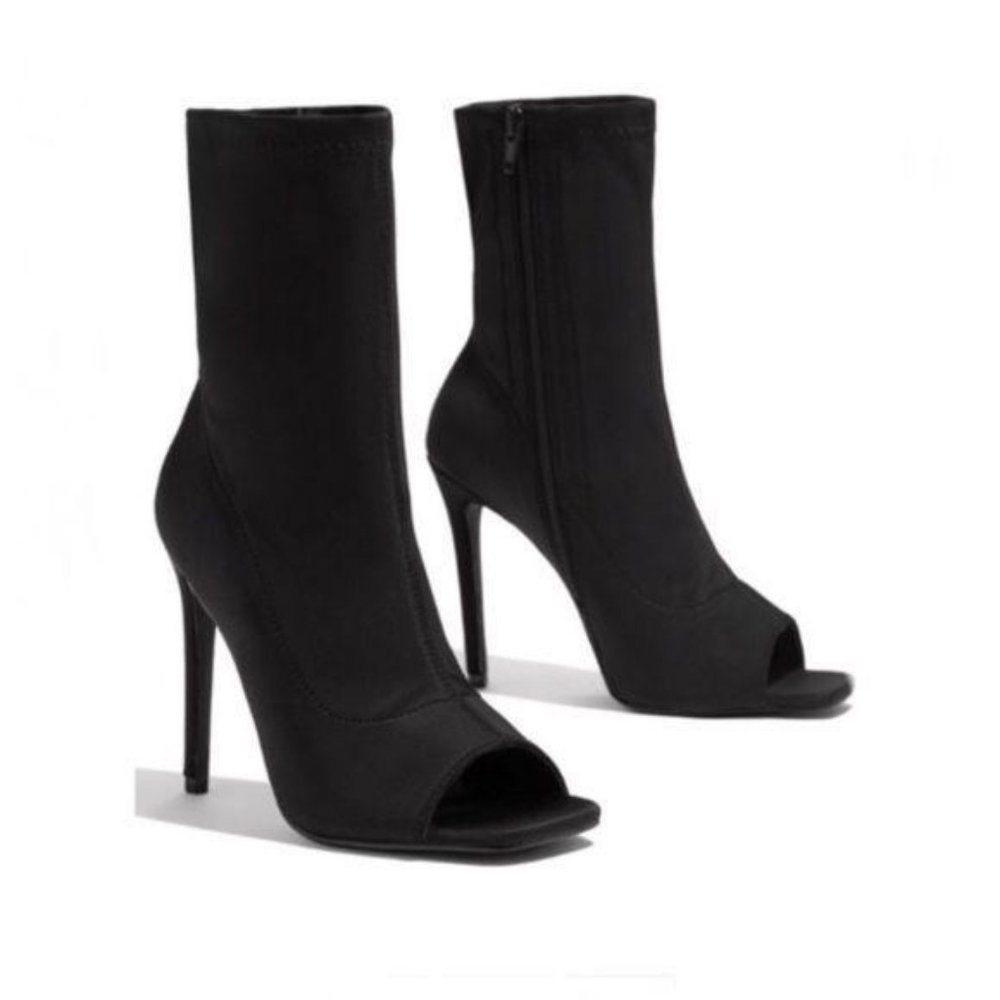 Black Lycra Squared Open Toe Ankle Booties - Picture 5 of 9